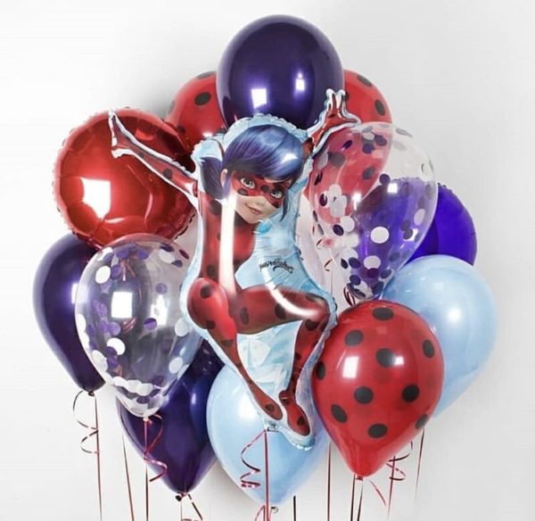 Композиция из гелевых шаров с героями мультфильма «Героиня Леди Баг»