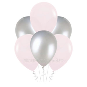 Латексные шары, надутые гелием «Розовый макарунс и серебро металлик» 35 см