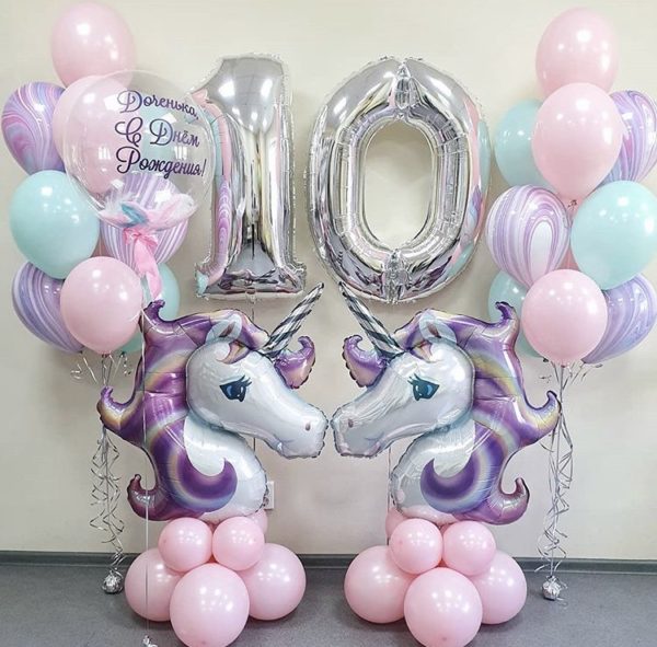 Готовое решение для оформления шарами дня рождения девочки 10 лет – «Единорожки»