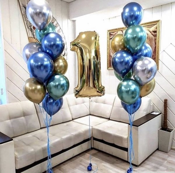 Две связки шаров и шар-цифра на день рождения 1 годик «Хромовое годовасие»