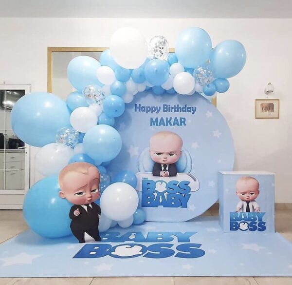 Фотозона с гелевыми шарами на детский день рождения «Босс Молокосос»