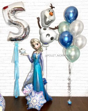 Композиция из букета шаров и фольгированной фигуры на день рождения «Эльза и Олаф»
