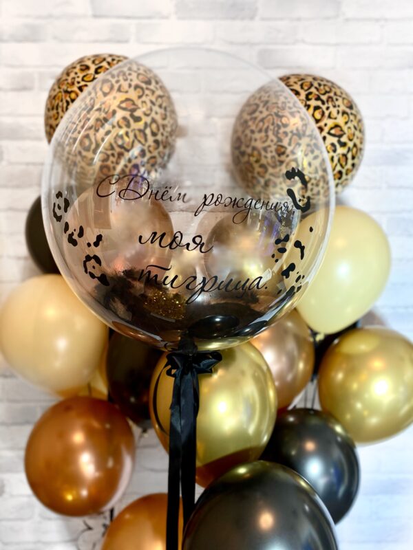 Набор из шариков и большого шара с перьями на торжество «Леопардовый шик»