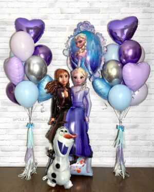 Композиция из шаров и фольгированных фигур с героями мультфильмов «Эльза и Анна в лиловом»