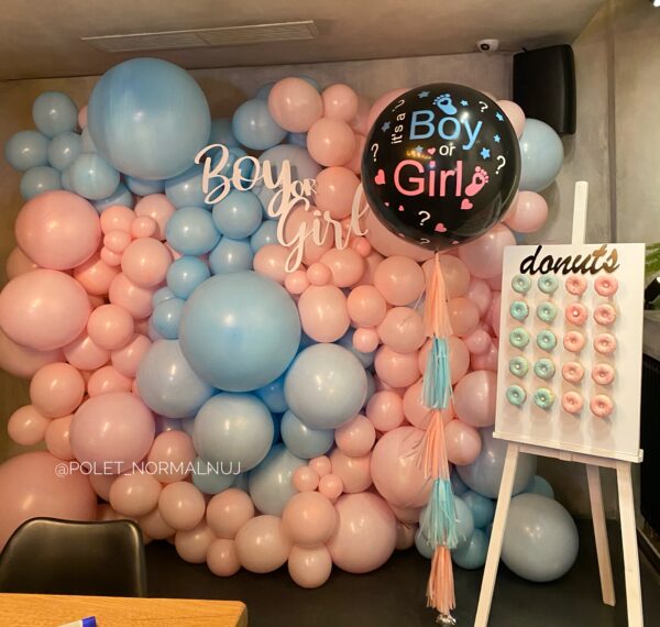 Фотозона с воздушными шарами на гендерную вечеринку