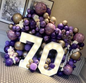 Композиция из латексных шаров и светящейся каркасной цифры «70» на праздник