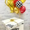 Коробка-сюрприз с шарами с гелием на день рождения «Гонщику»