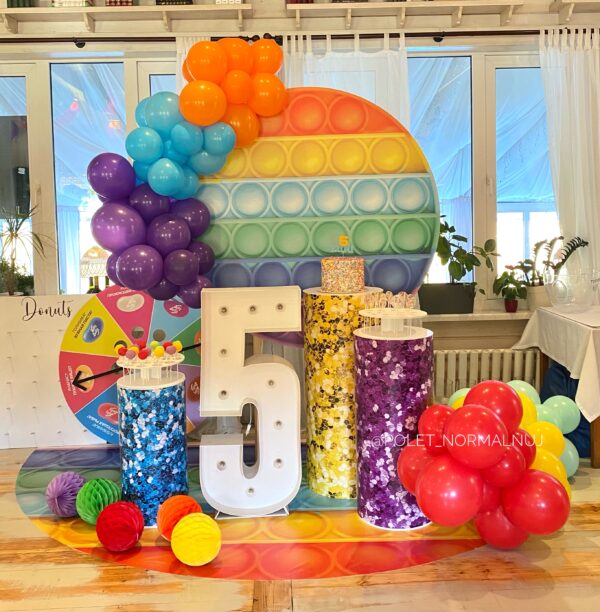 Фотозона с баннером, шарами и светящейся цифрой на детский день рождения «ПОПит»