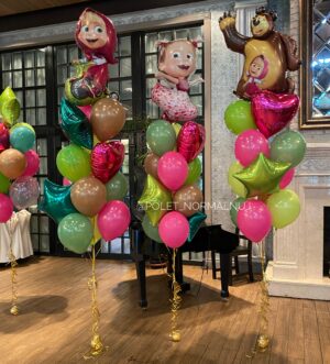 Фонтан гелиевых шаров на детский праздник с Машей и Медведем